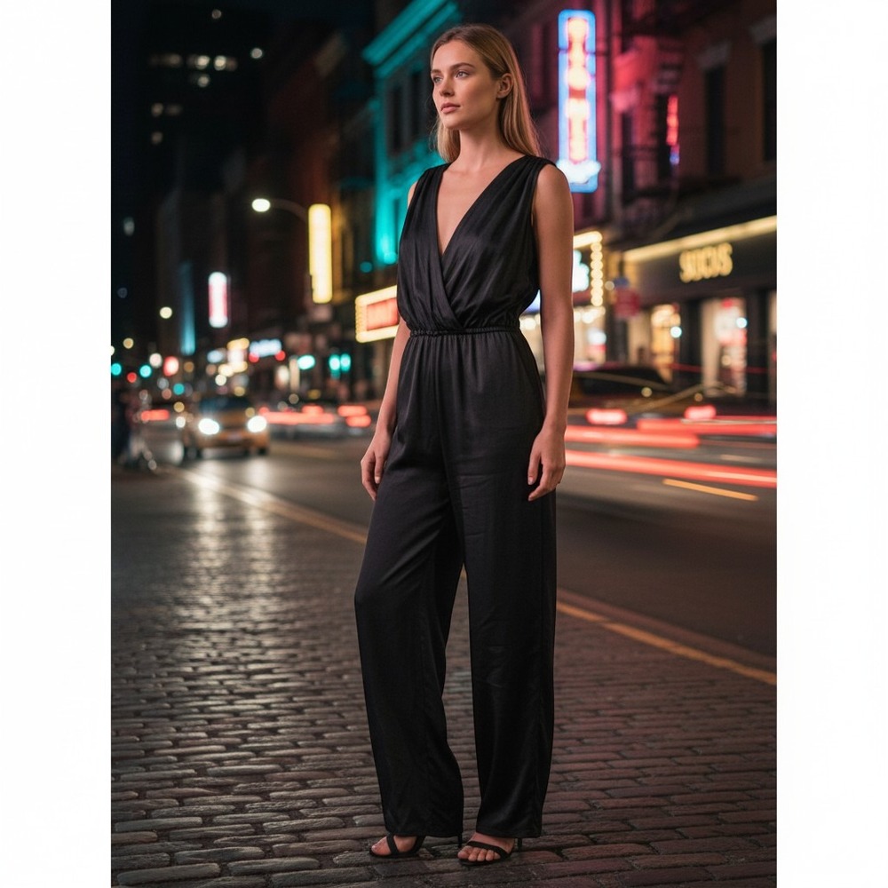 Amanda Uprichard Black Surplice V-Neck Jumpsuit Belted Chic Evening Large event